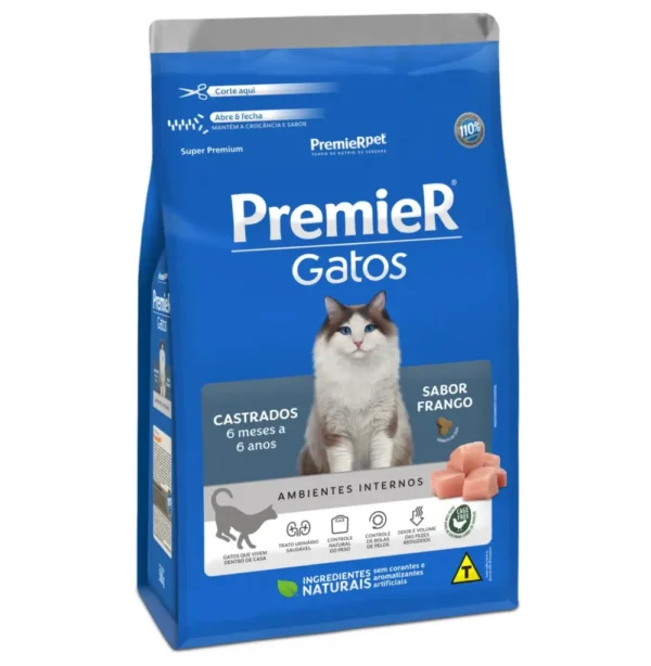 Ração Gato Premier Super Premium Castrado Frango- 6 meses a 6 anos