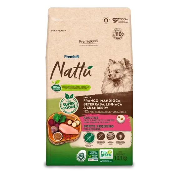 Ração Premier Cão Adulto Nattu Raças Pequenas Sênior Mandioca, Beterraba, Linhaça e Cranberry