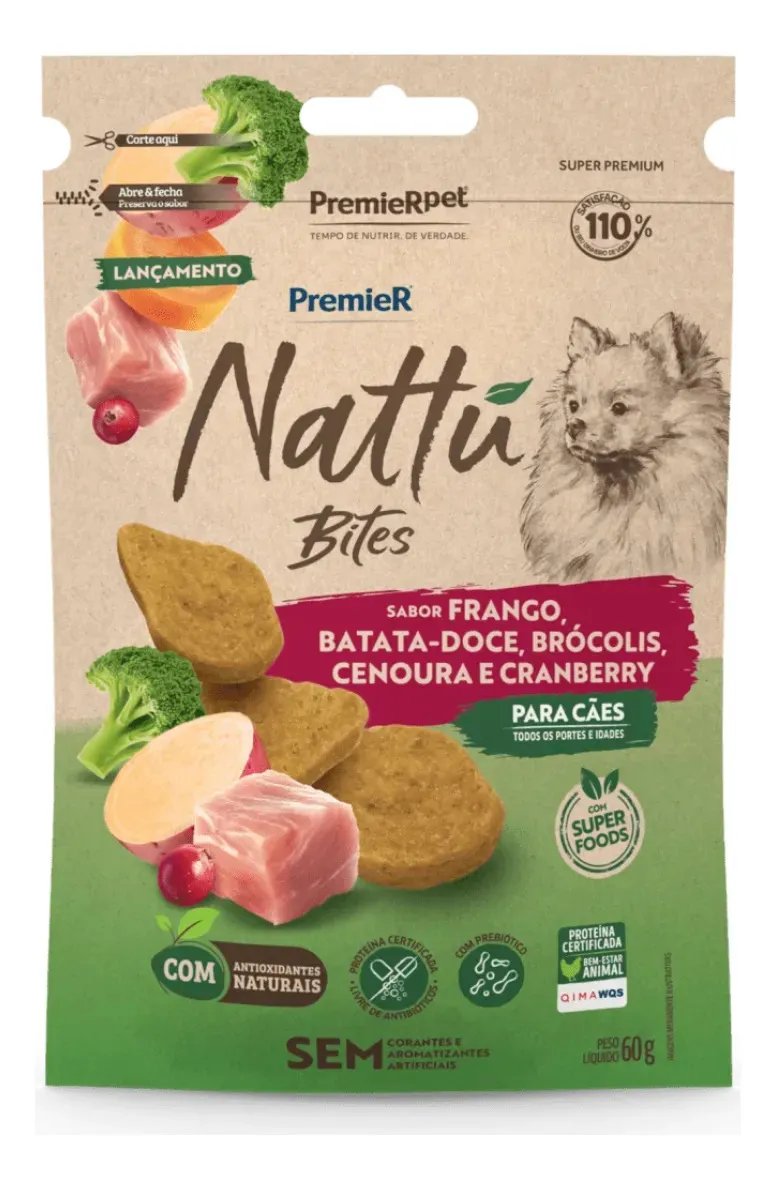 Sachê Premier Nattú Bites Cão Frango, Batata-Doce, Espinafre e Linhaça 60g