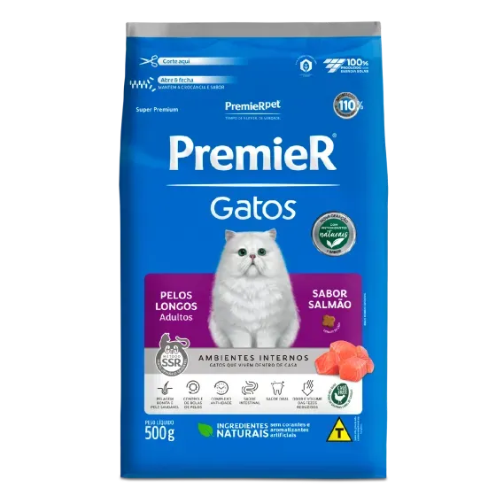 Ração Premier Ambiente Interno Gatos Adultos Pelos Longos Salmão 500g