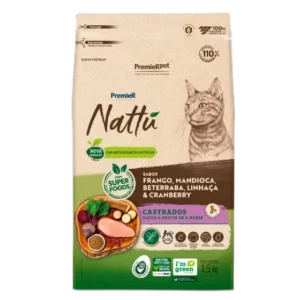 Ração Premier Nattú Gatos Castrados Frango, Mandioca, Beterraba, Linhaça & Cranberry 1,5 kg