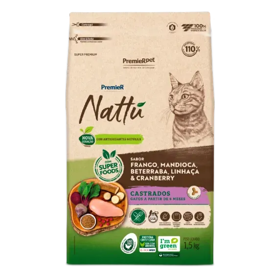 Ração Premier Nattú Gatos Castrados Frango, Mandioca, Beterraba, Linhaça & Cranberry 1,5 kg